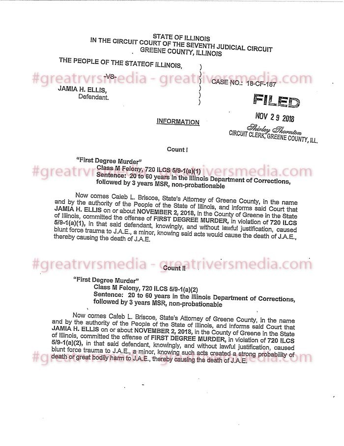 Child Died From Blunt Force Trauma - Mother & Friend Charged Jamia Ellis Information Document -1